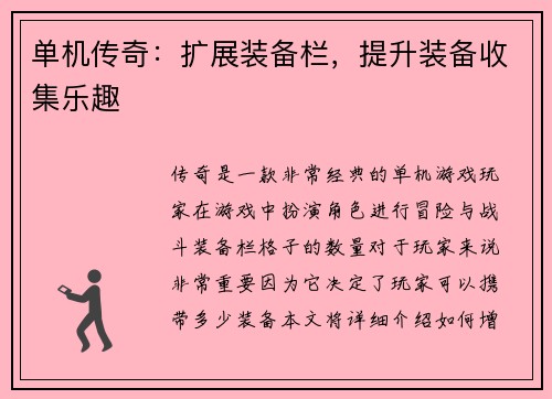 单机传奇：扩展装备栏，提升装备收集乐趣